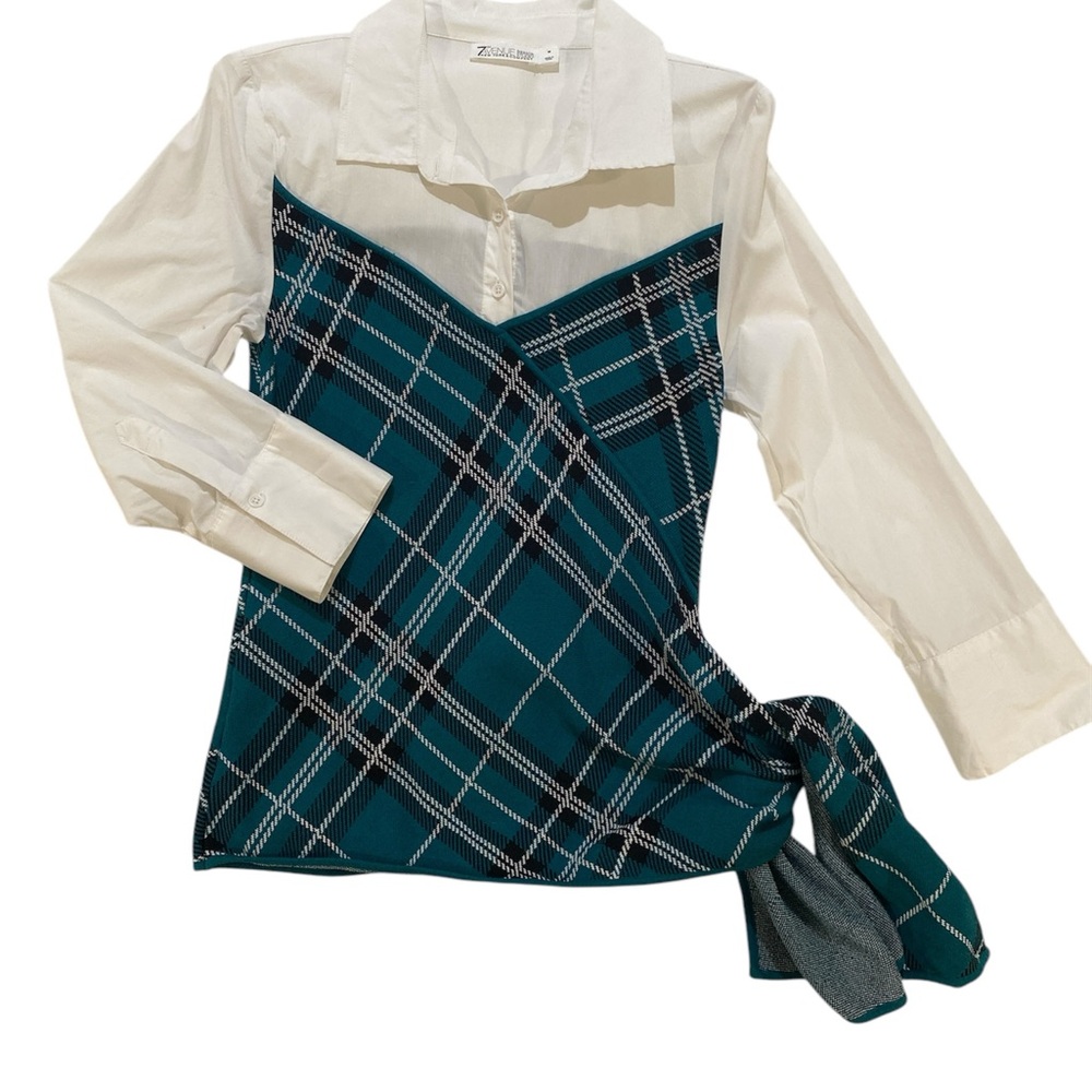 NY&Co. Plaid Green and White Side-Tie Blouse